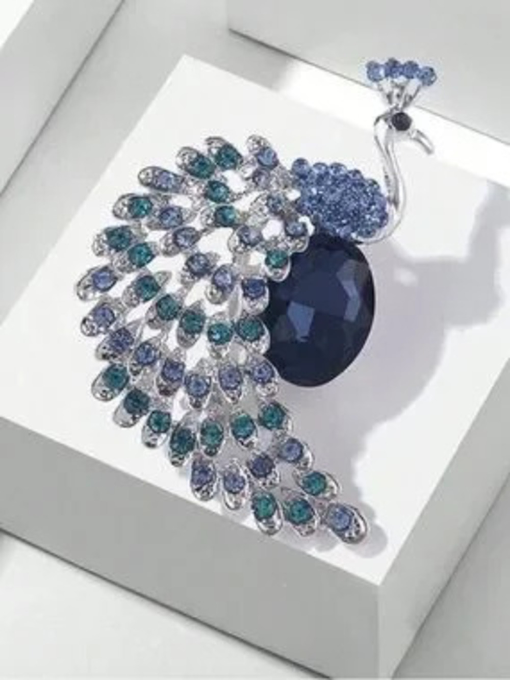 Anthropologie Silver Peacock Brooch with Blue and Teal Crystals